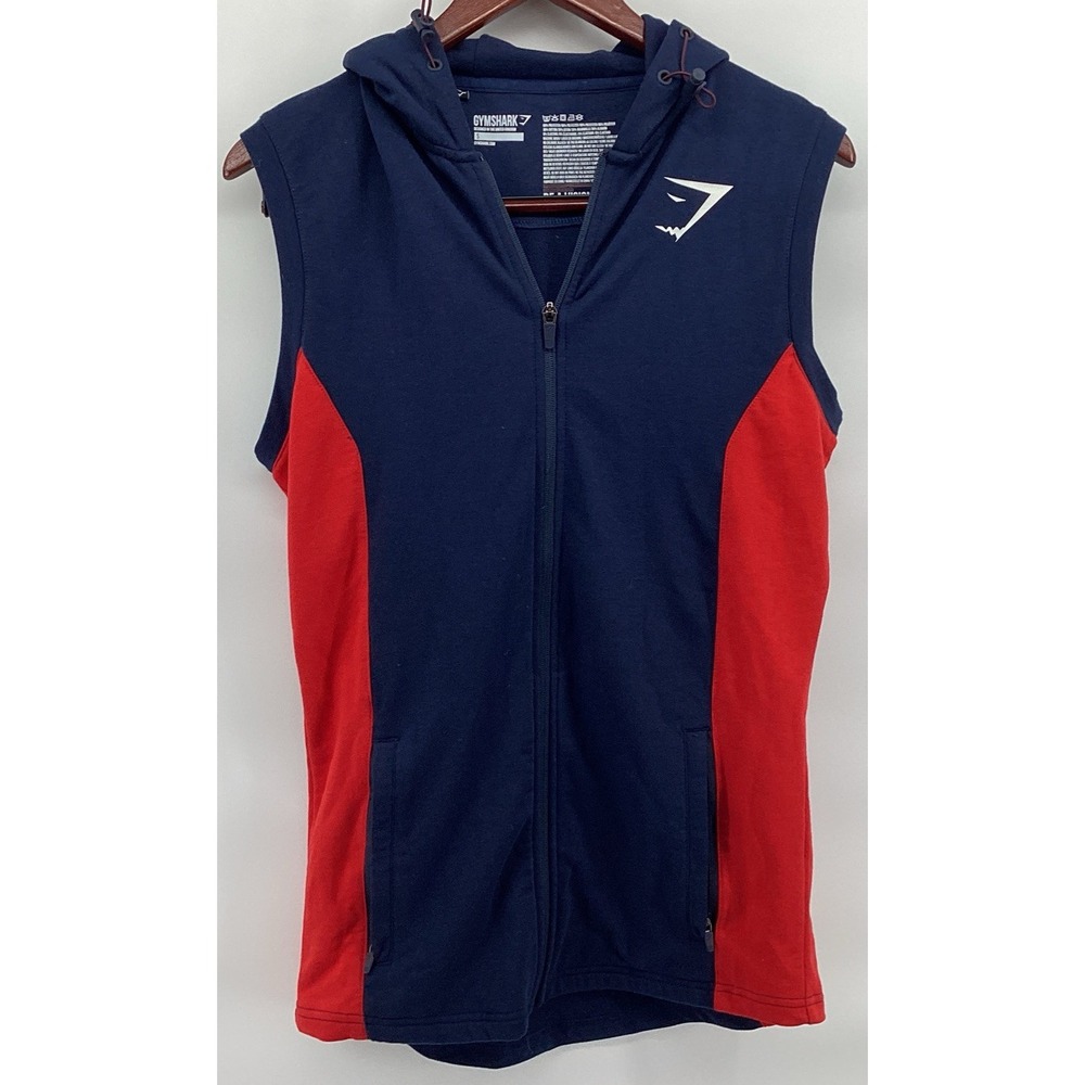 Gymshark Mens Small Sleeveless Hoodie Full Zip Red Navy Athletic Gym Vest